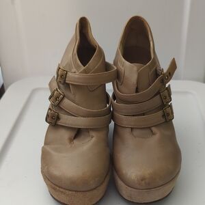 Kork-Ease Strappy Leather Ankle Boot Bootie Block High Heel Shoe Women Sz 8.5